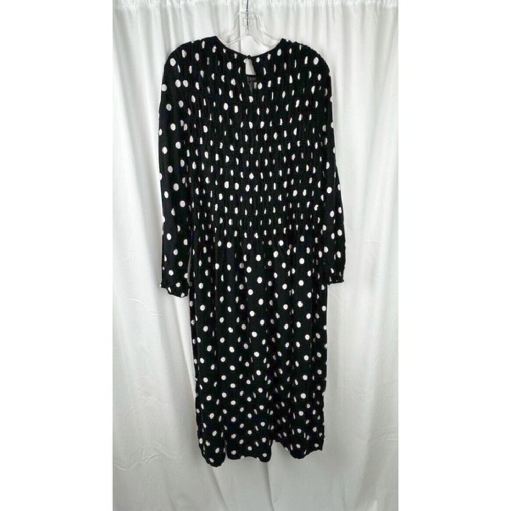 H&M Polka Dot Smocked Midi Dress Black White Long Sleeve M Rockabilly Chic 51-29 - Picture 9 of 15